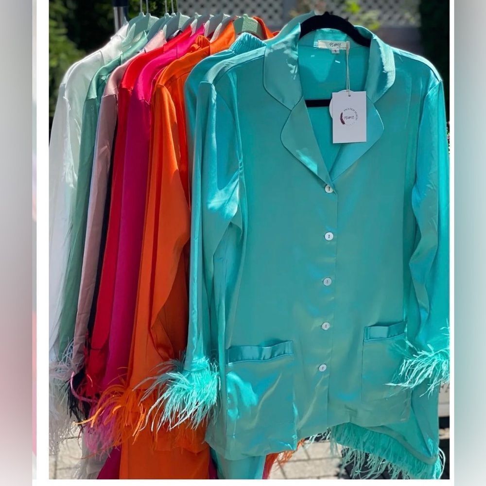 TEAL Stretch Satin Pajamas BRAND NEW - Small - Detachable Teal Feathers